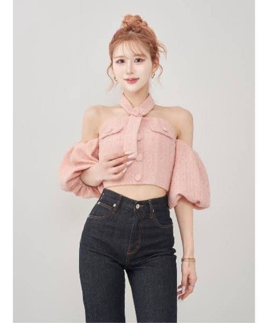 最安値ホルターネックオフショルツイードトップス ピンク新品未開封