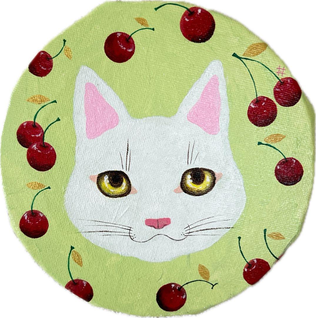 白猫とさくらんぼのキャンバスアート 15cm