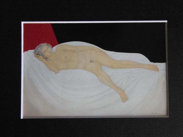 栗原喜依子、横たわる裸婦、希少画な集画、状態良好、新品高級額・額装付
