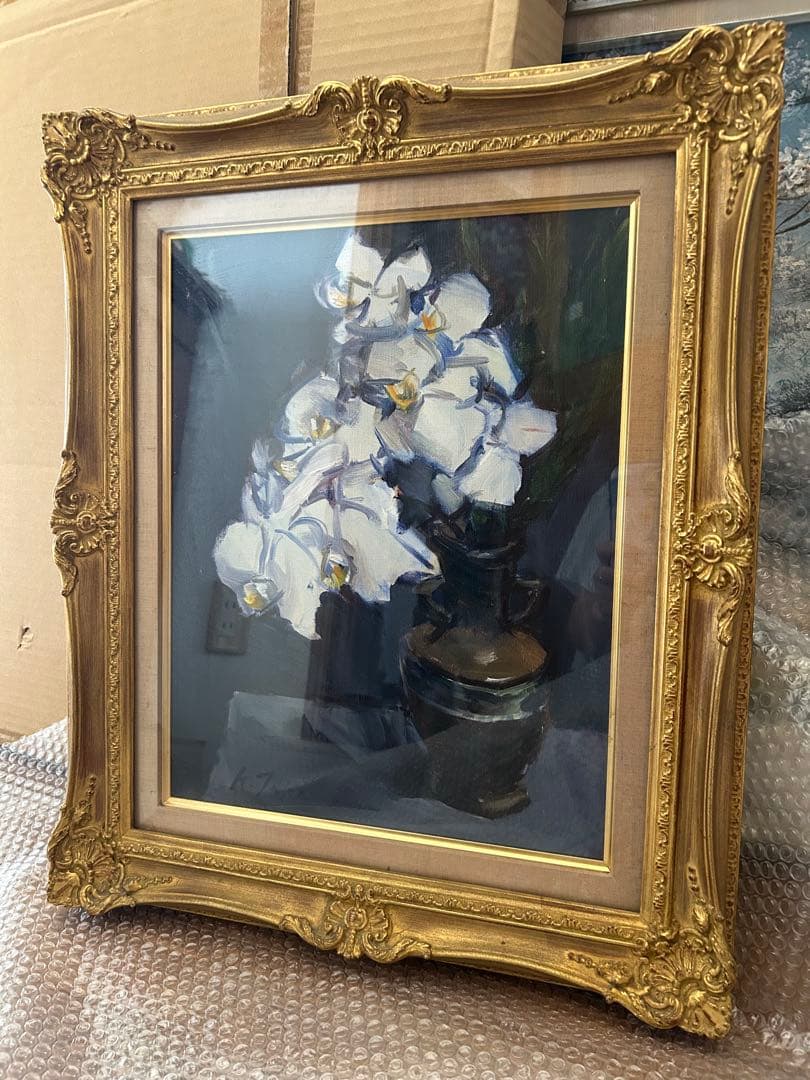 高梨　潔　作品　白い花の油彩画（クラシックフレーム　フラワー蘭花瓶　アンティーク