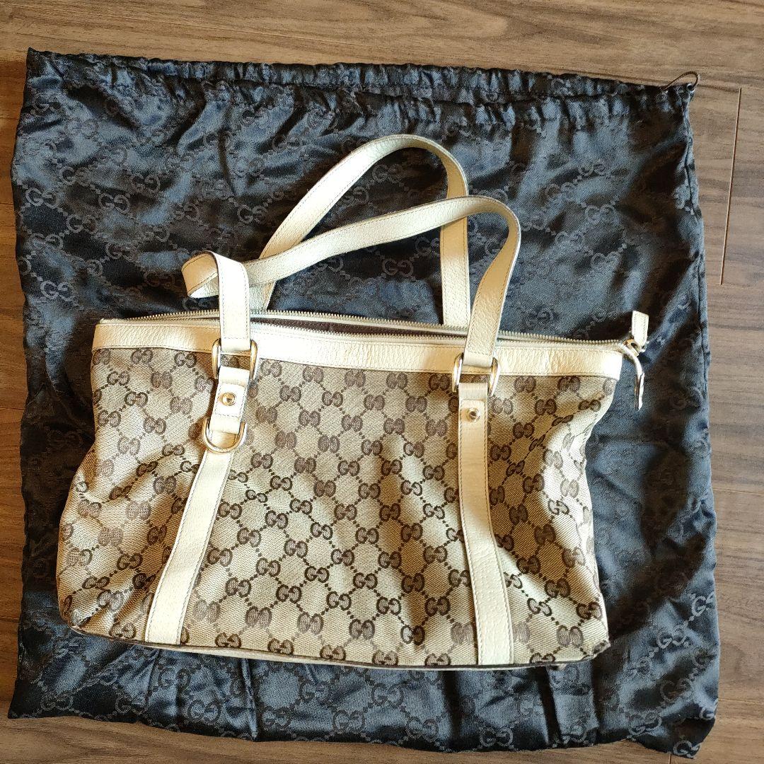 グッチ キャンバス ボストンバッグ ベージュ GG レザー 金具付