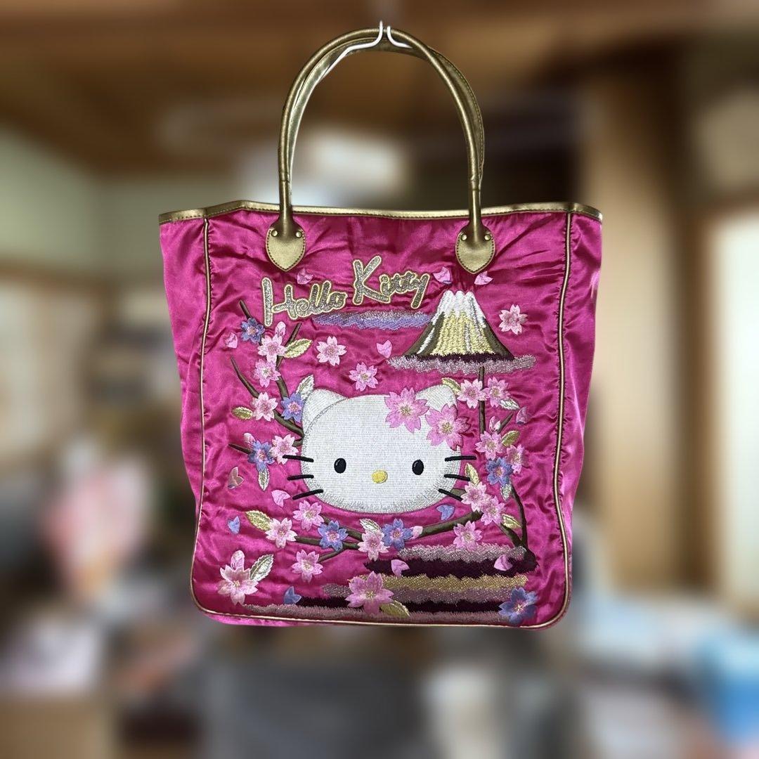 ハローキティ　スカジャン生地　豪華刺繍　ピンク　トートバッグ