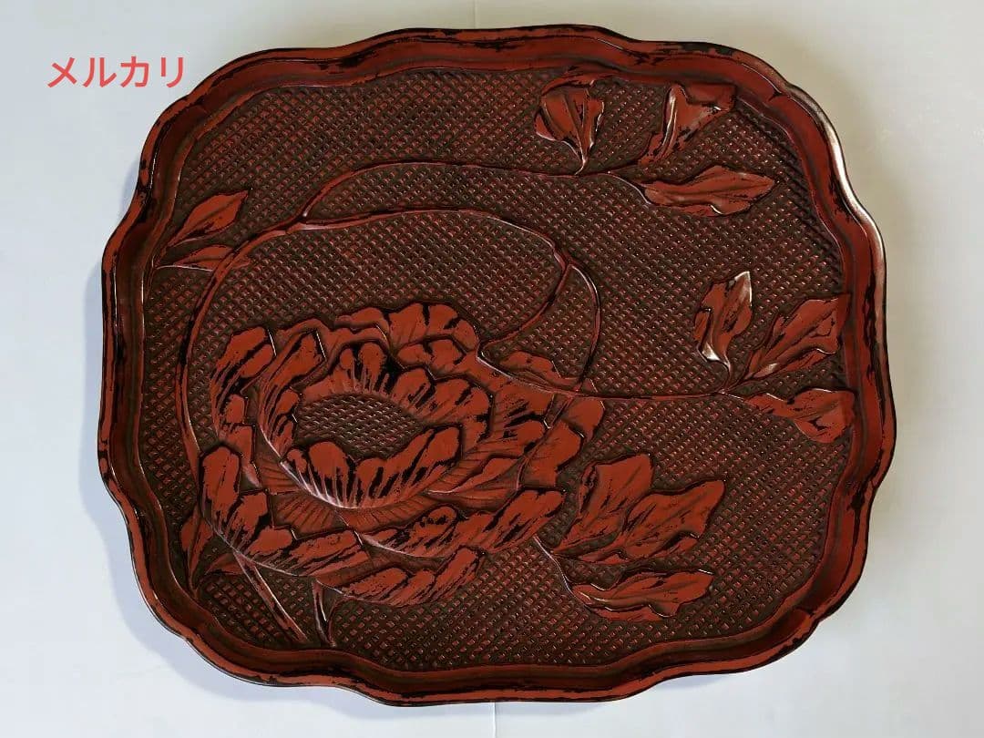 ♦中国 古玩 古美術 堆朱 彫漆 牡丹文 盆 盤 飾り茶道具 骨董品アンティーク