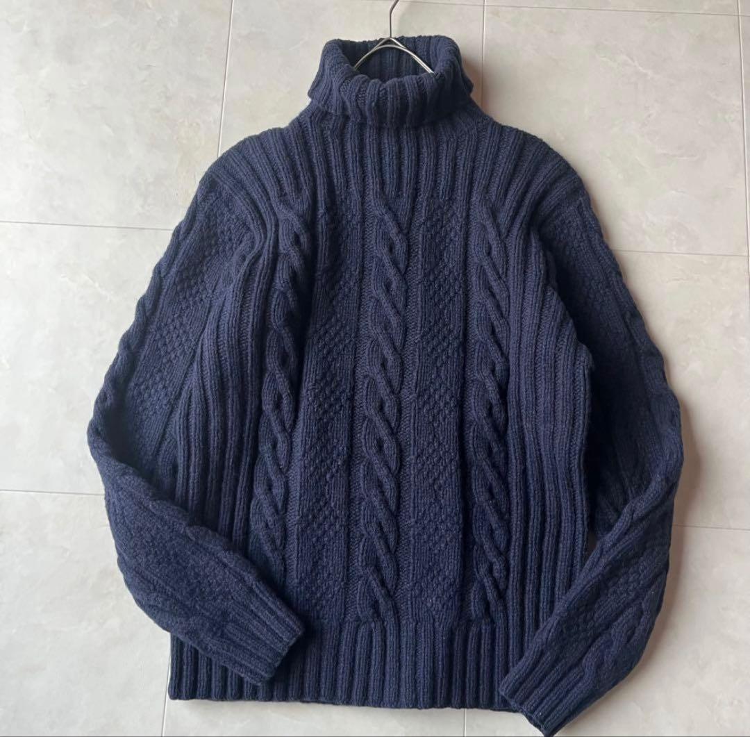 ポロラルフローレン ハンドニット 肉厚　タートルネックケーブル　紺 M ネイビー