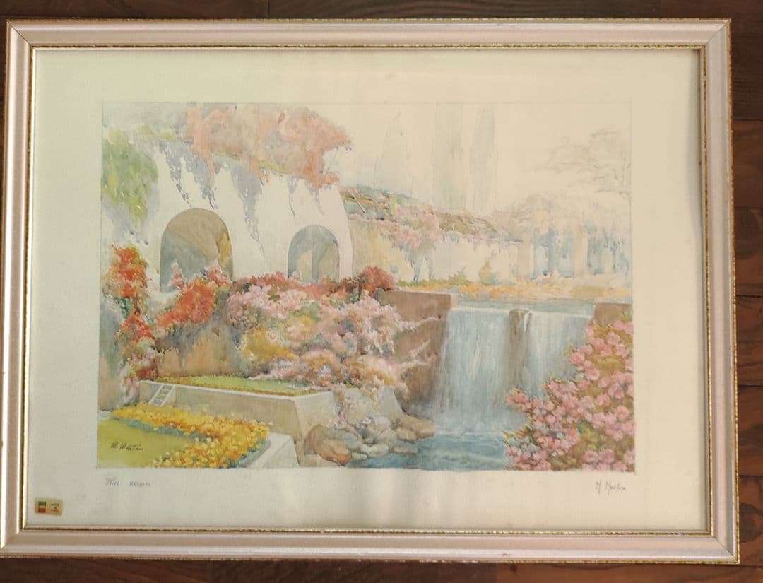 M. Martin 水彩画 「滝」サイン入り