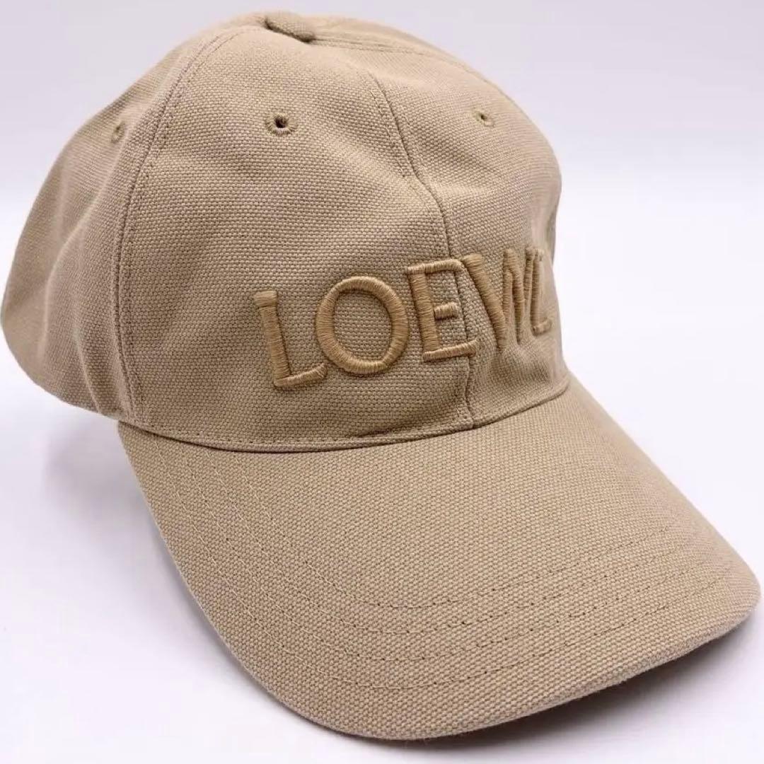 極美品 ロエベ ロゴ刺繍 ベースボールキャップ ベージュ レザーパッチ 帽子
