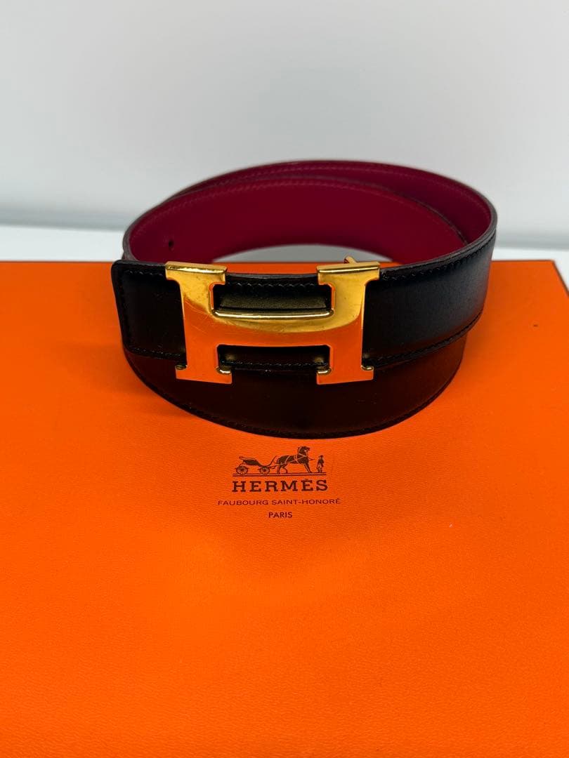 HERMES レザー ベルト ブラック/レッド