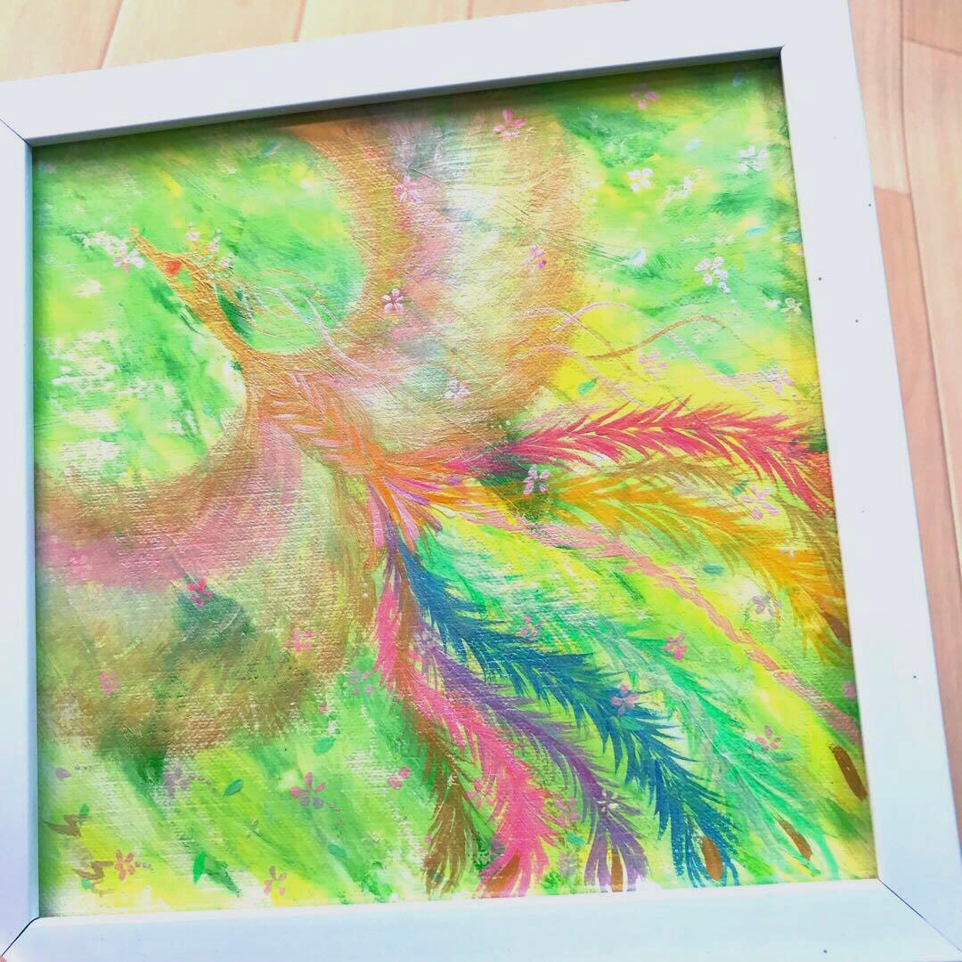 ヒーリング風水絵画＊虹色鳳凰～風光明媚～花舞飛翔　金運　癒し安定　くじ運　原画 受注生産☆風水波動絵画＊幻の虹色鳳凰～最大エネルギーの輪と8芒星