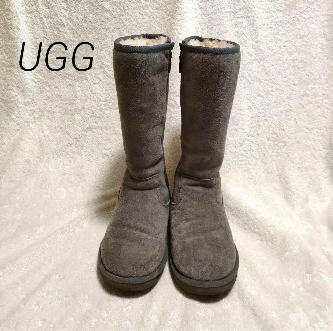 状態良】UGG アグ 24cm ムートンブーツ ジッパー ミドル グレー - メルカリ
