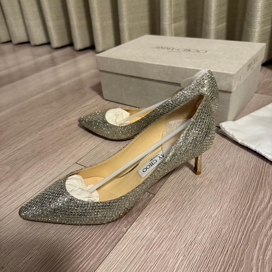JIMMY CHOO グリッター ハイヒール 38 ハーフ ラメ ゴールド