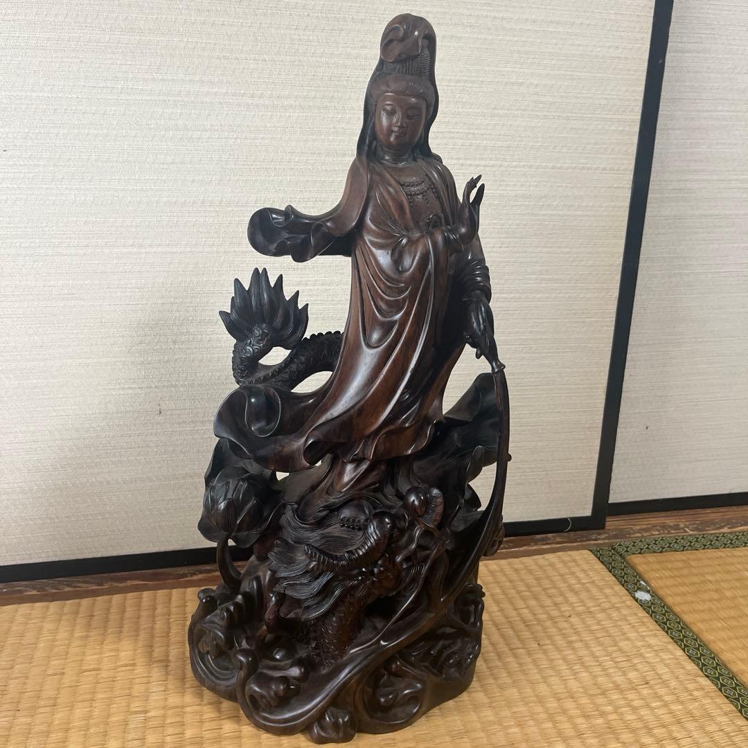 【お値下げ】木彫　観音菩薩　木製　龍　彫刻　仏像　天女　置物　オブジェ 木彫 仏像 龍上観音菩薩 ツゲ その他置物 楽天ショップ【星凌商店