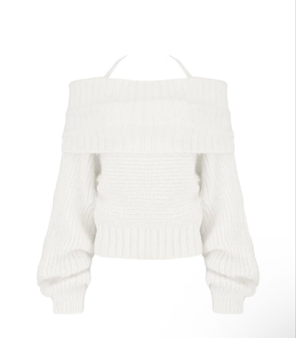 Kleesier パレットオフショルダーリボンニット　ホワイト