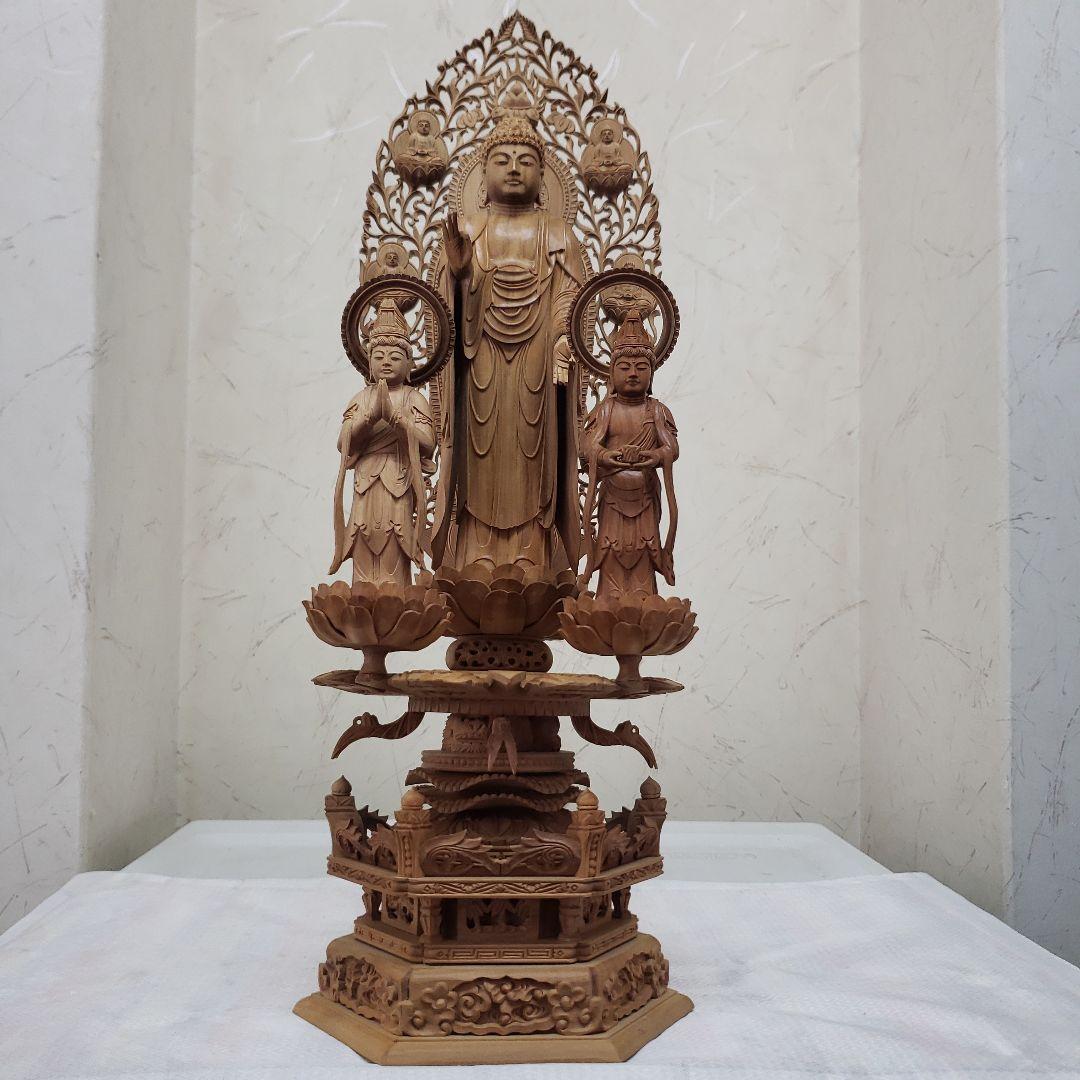 Ｂフライデー後背羅漢彫★総白檀 阿弥陀如来三尊像6寸立 眼入観音菩薩・勢至菩薩付 fit=scale-down,w=1200