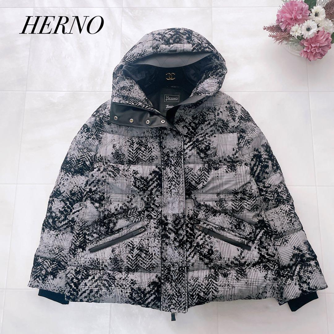 極美品✨近年 ヘルノ ラミナー ダウンブルゾン フロッキー加工 チェック柄 40