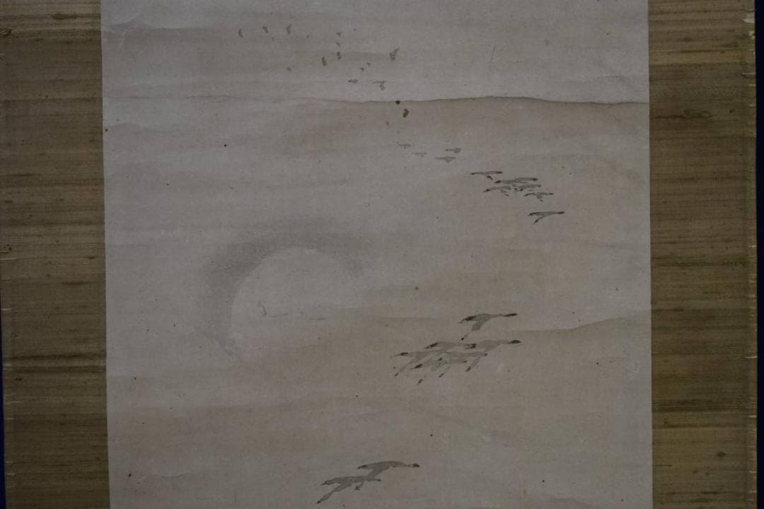真作/狩野安信/月に群雁図/巨勢小石の桐極箱付/布袋屋掛軸HE-532