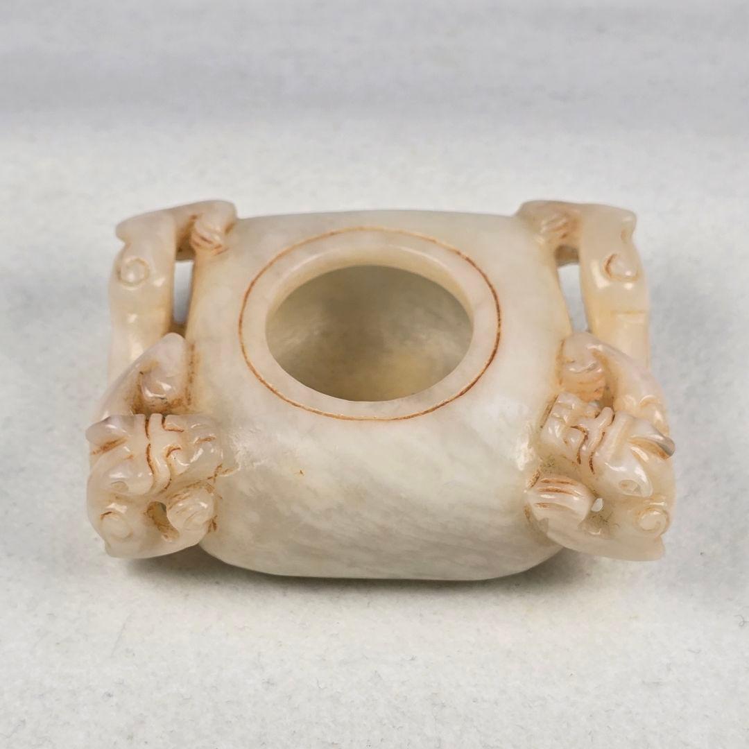 古文房具 本物和田白玉 原石 手彫 清代 双龍出郭 筆洗 筆添 墨池 水鉢 激安