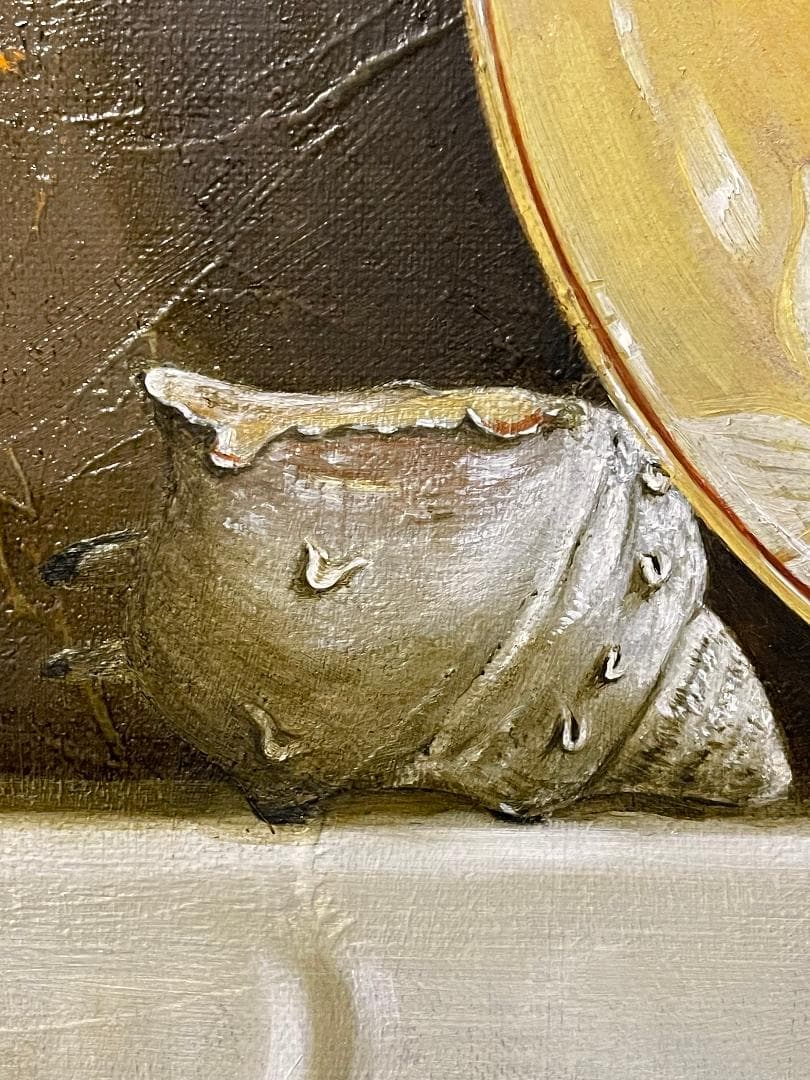 「真作」西村有史「九谷辛夷文輪花皿」静物画　油彩画　額装　サイン有り　F8号