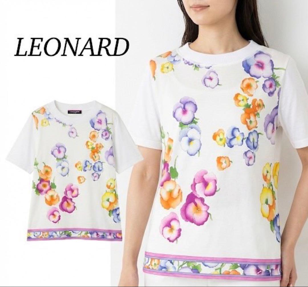 P261 L レオナール 花柄 袖ニット 半袖 カットソー ホワイト