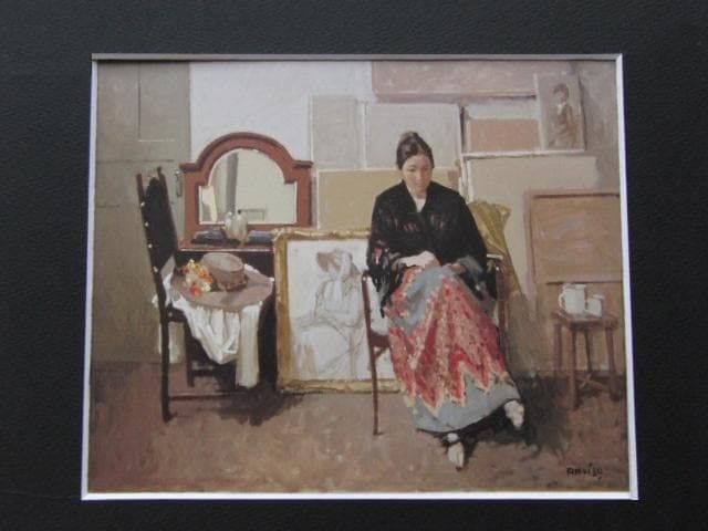 小磯良平、【アトリエにて】、希少な大判額装用画集より、美品、新品額装付