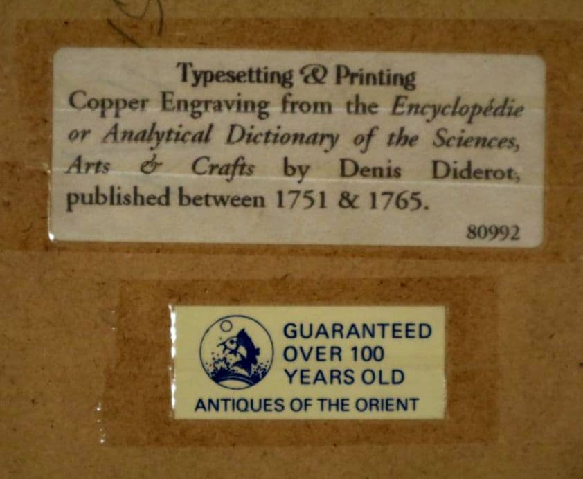 額装品 古典版画 18世紀 ディドロー 百科全書 「活版印刷」 極美品
