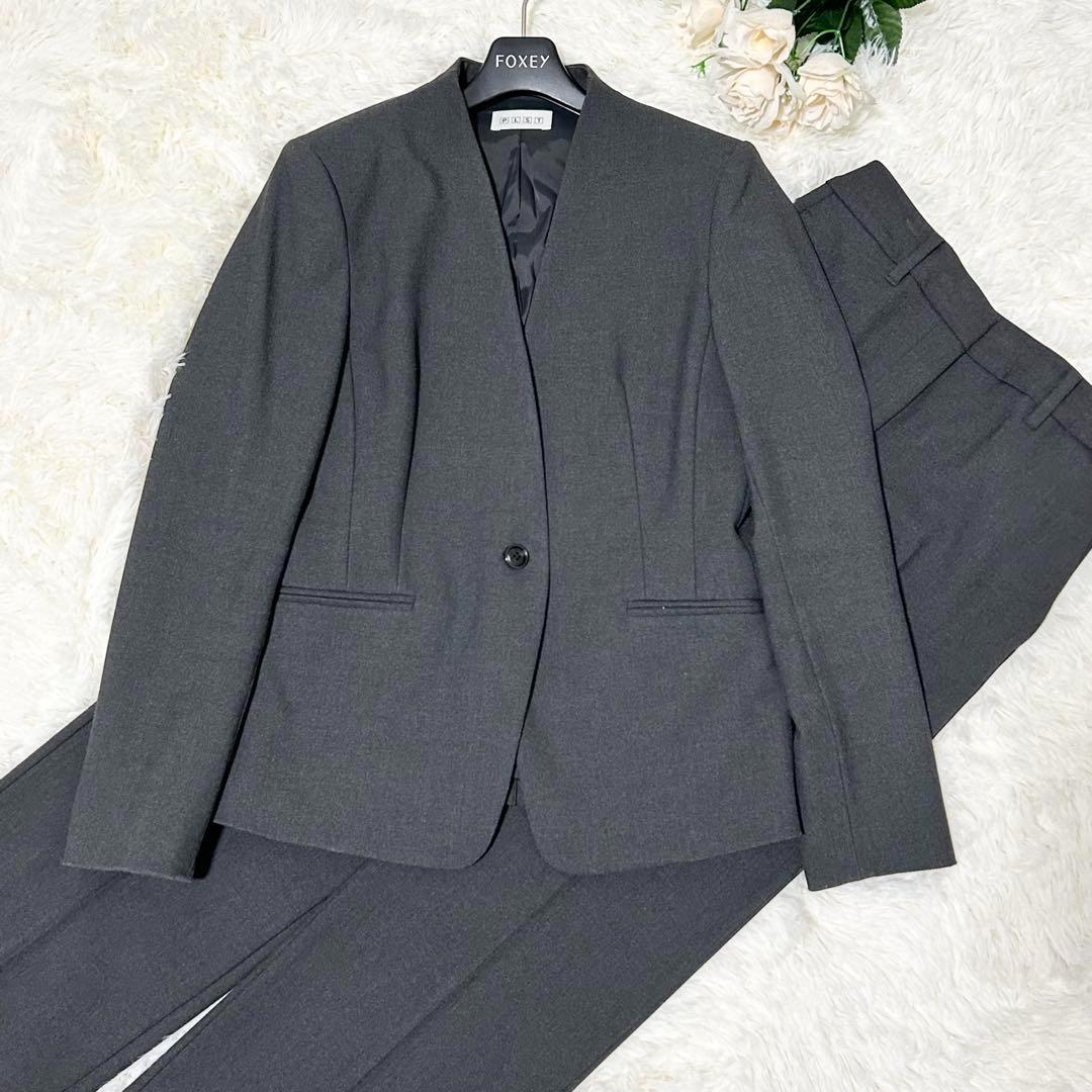 【洗える！】PLST パンツスーツセットアップ 厚手 ノーカラージャケット