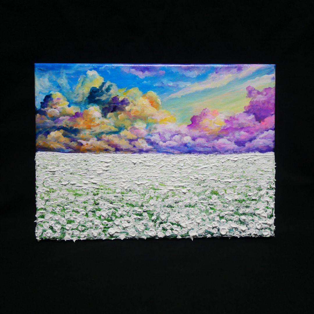 油絵 油彩 油彩画 絵 絵画【朝焼けの草原に咲く白い花と朝日】 油絵 油彩 油彩画 絵 絵画【朝焼けの草原に咲く白い花と朝日】 絵画