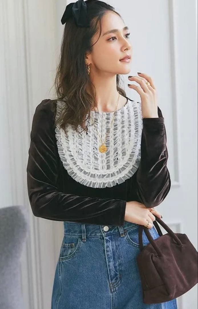 セブンテンチュールフリルベロアトップス　ブラウン新品