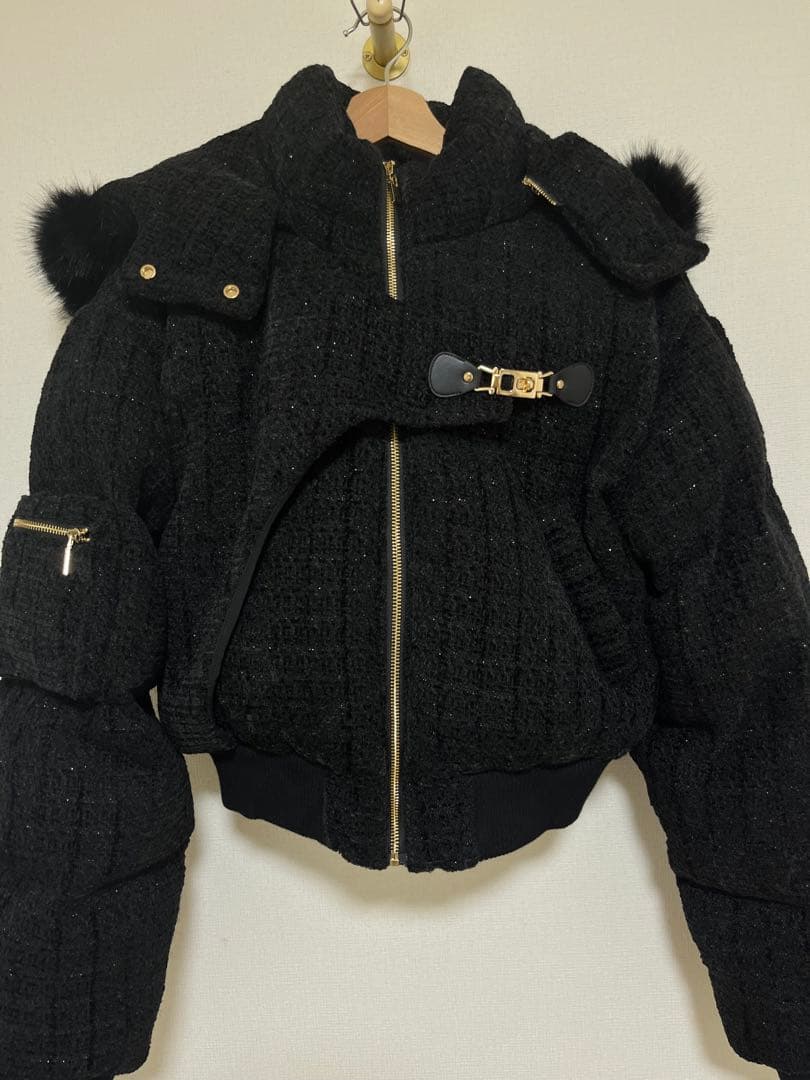 Randy アシンメトリーバックルツイードパデットジャケット ブラック