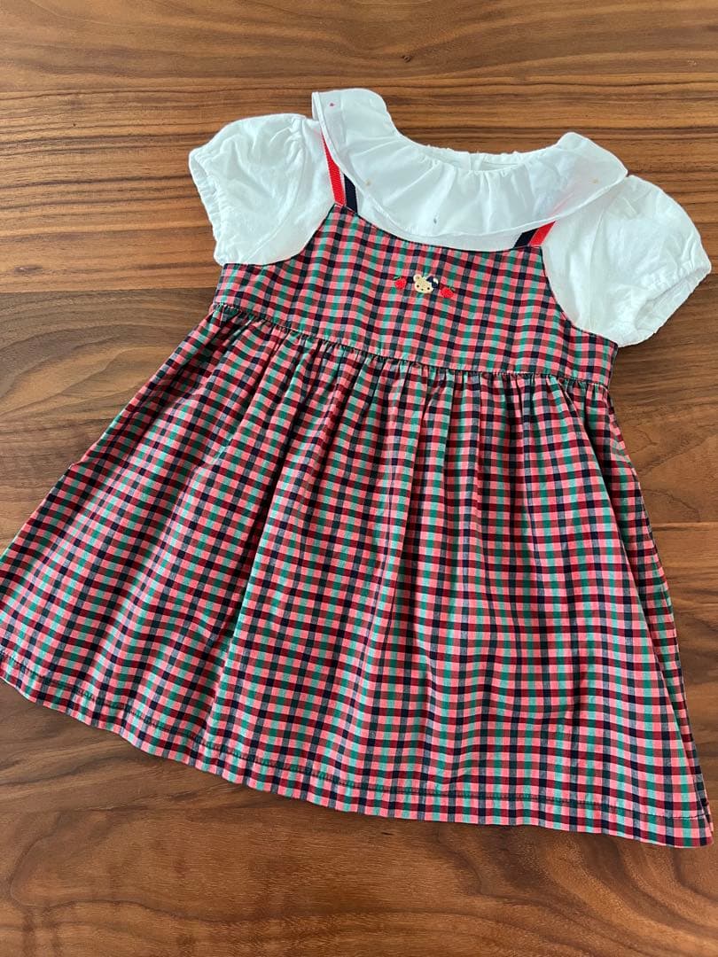 ファミリア 赤系 チェックワンピース ジャンパースカート 80 XX