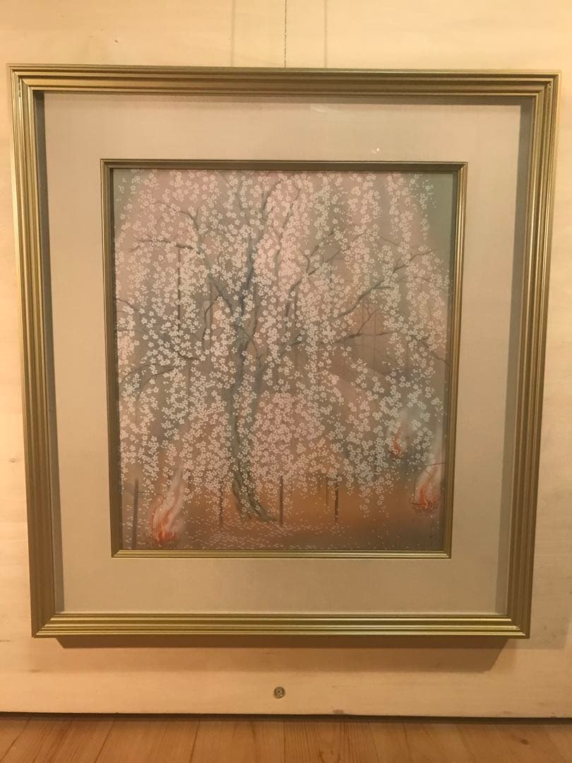 宇田荻邨　「祇園夜桜」　リトグラフ　刷り込みサイン・作品証明シール有り 京都らしく雅やかな和柄と箔押し加工の光沢により華やかで上品なラベル