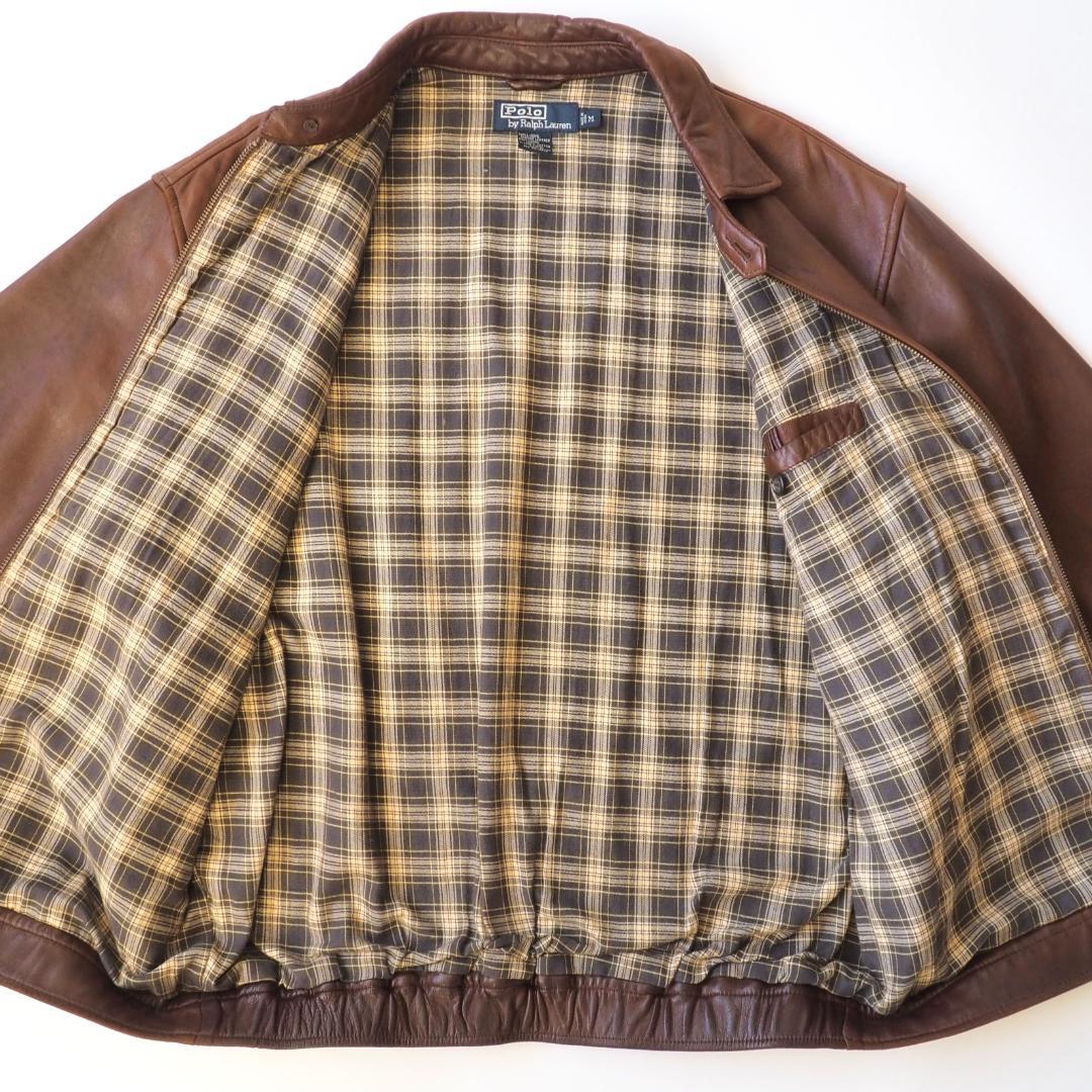 ラルフローレン シングルライダース 革ジャン ブラウン 裏地チェック