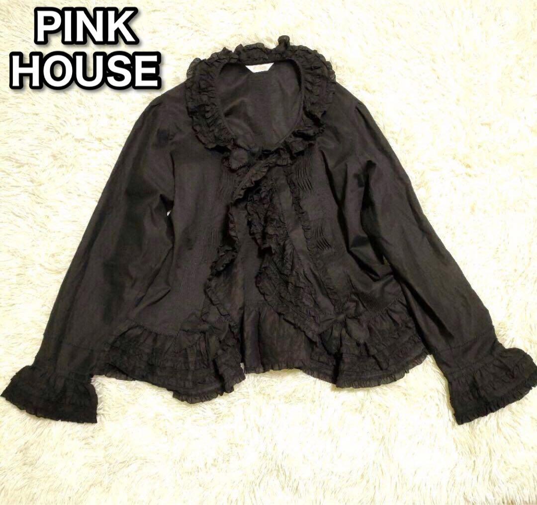 【24年】美品 PINK HOUSE リボンモチーフ使いフリルオーバーブラウス