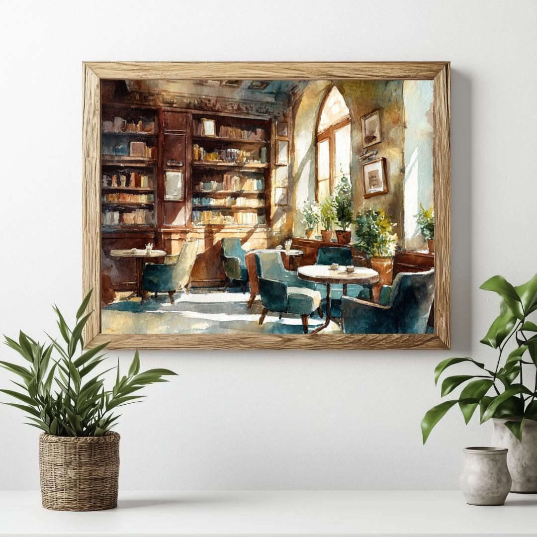 A4日差しの差し込む居心地の良いカフェの午後 レトロカフェ水彩画