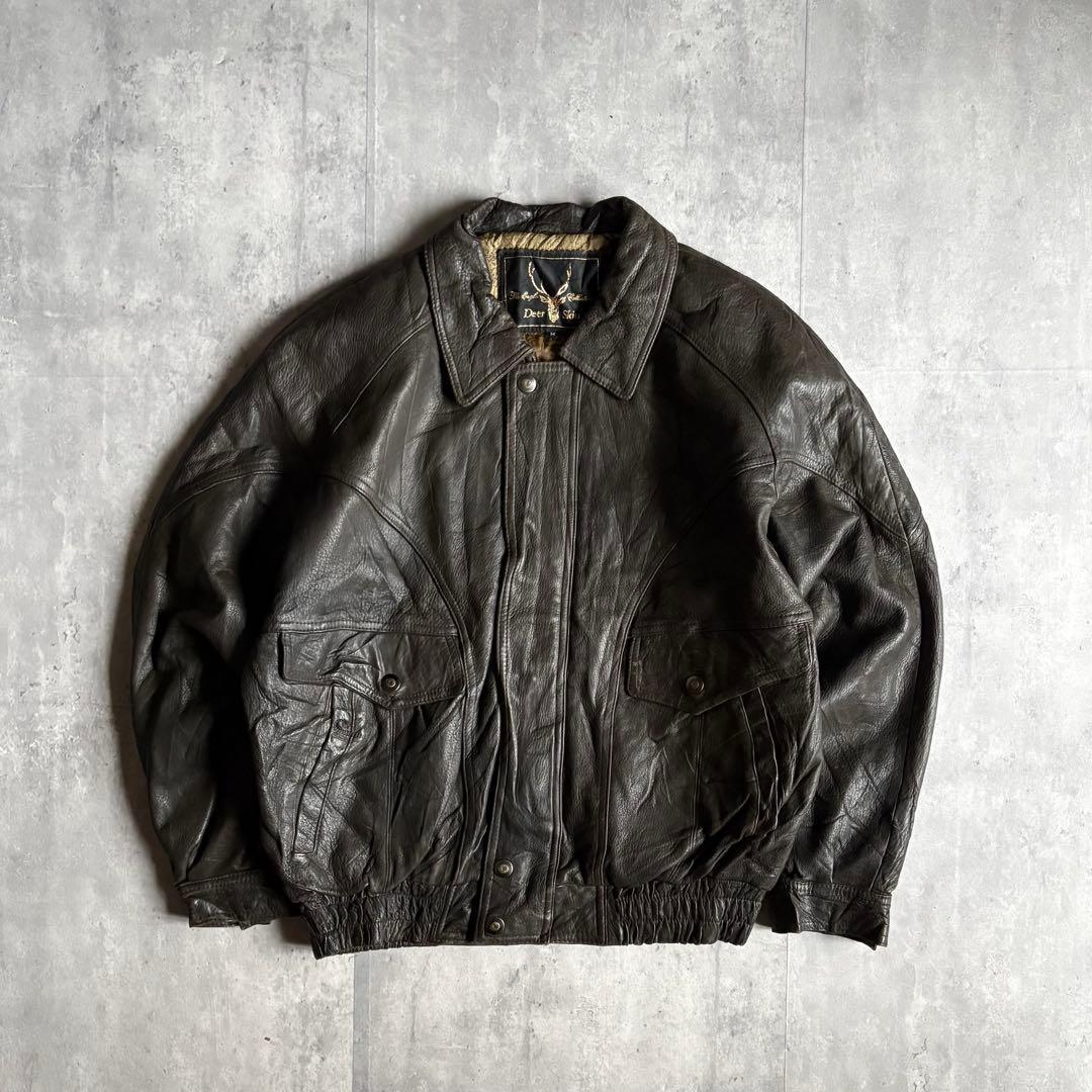 90s vintage】レザーブルゾン フライトジャケット 鹿革 本革 短丈