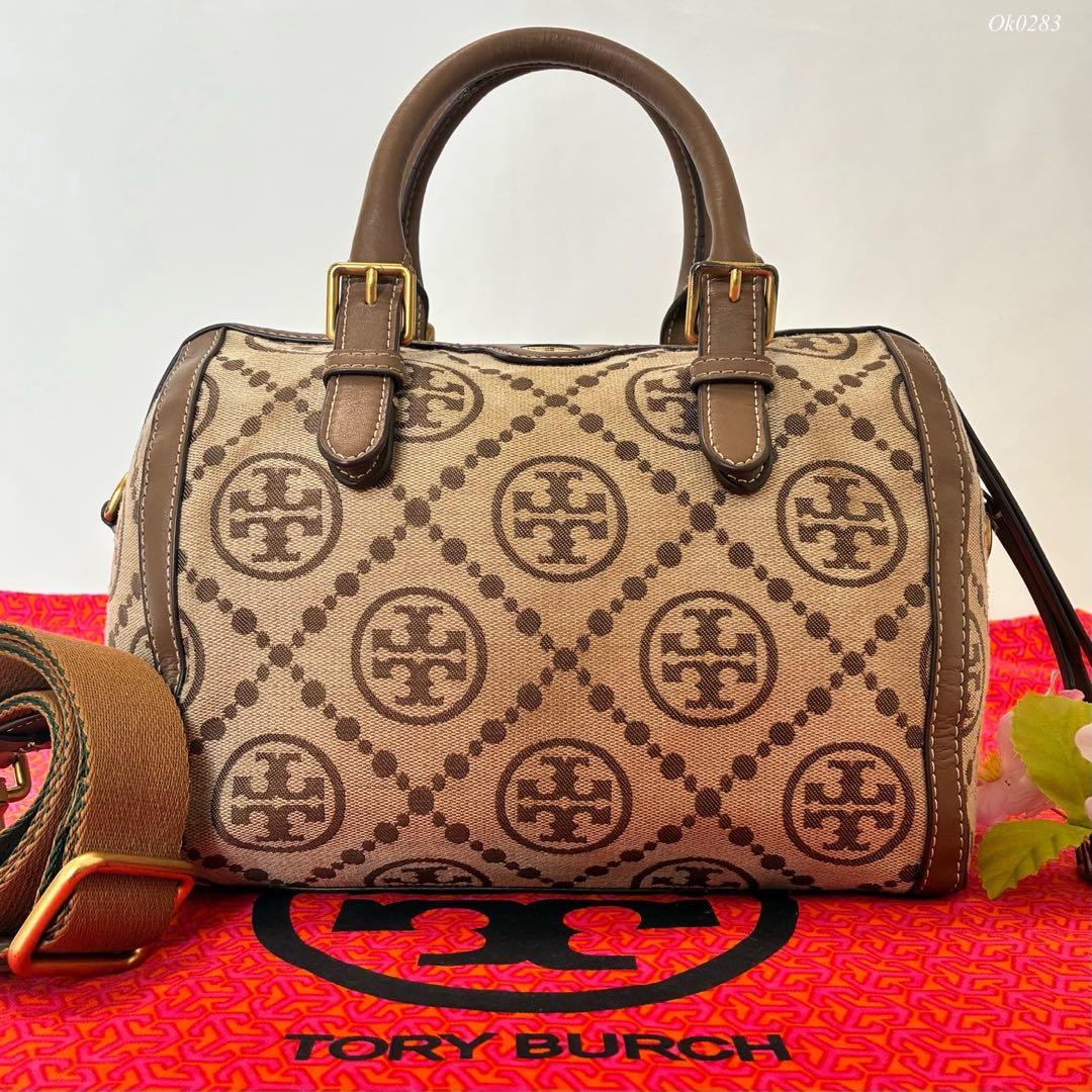 【美品】トリーバーチ Tモノグラム バレルバッグ 2way ショルダーバッグ 茶 美品】トリーバーチ Tモノグラム バレルバッグ 2way ショルダーバッグ