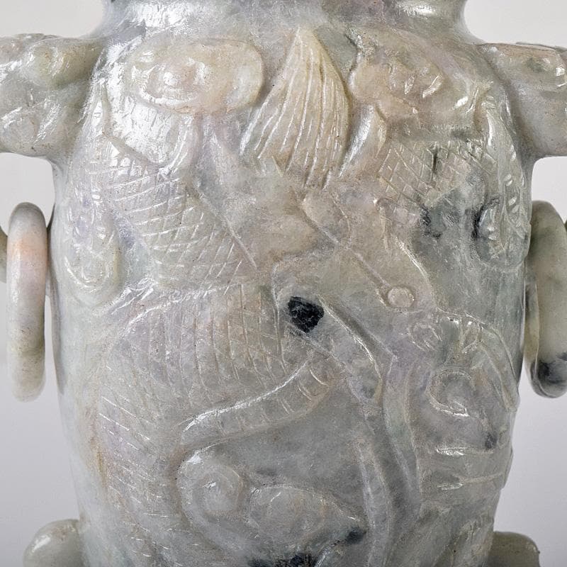 中国 玉石翡翠彫刻 獅子摘 龍刻 双耳遊環 飾壷 香炉 唐木