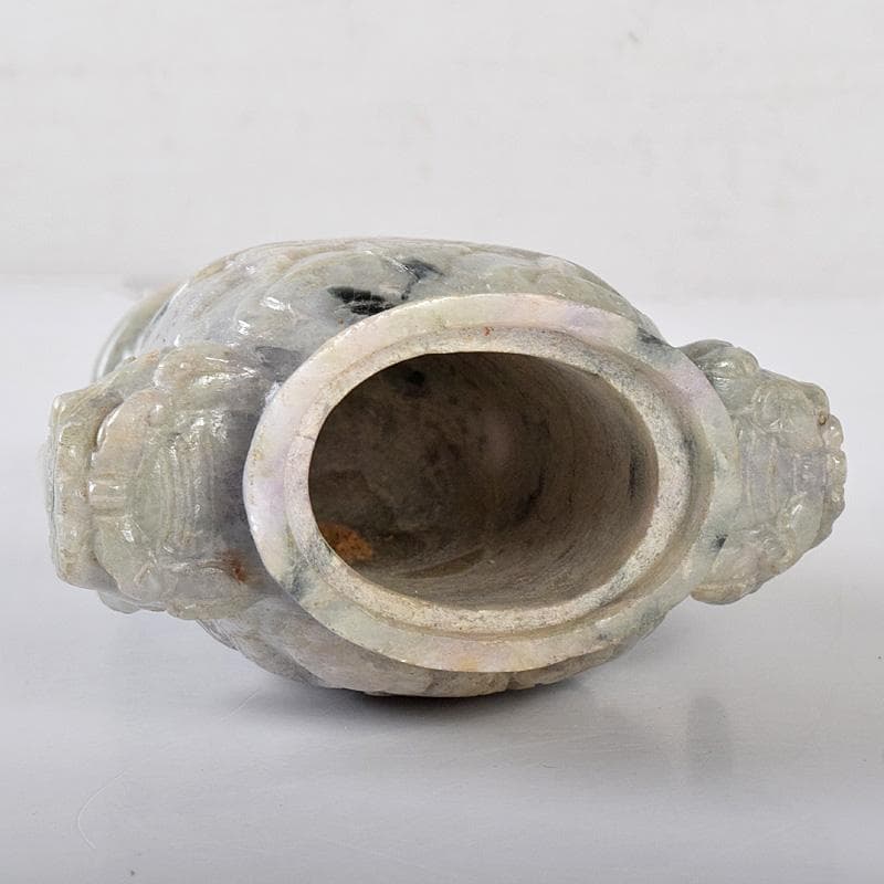 中国 玉石翡翠彫刻 獅子摘 龍刻 双耳遊環 飾壷 香炉 唐木