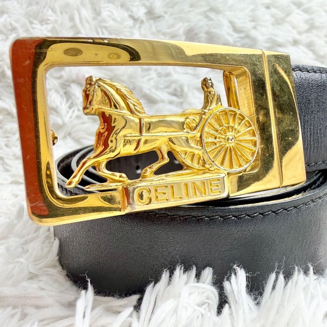 【美品】CELINE セリーヌ ベルト 馬車金具 ゴールド リバーシブル