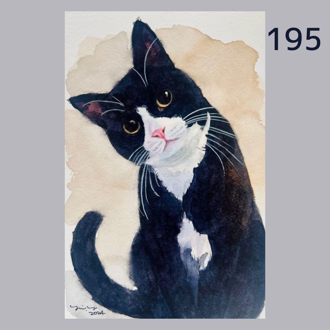 猫の絵195 水彩画 原画 ハチワレ猫 - メルカリ