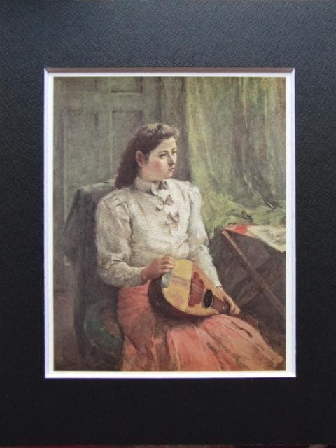 鬼頭鍋三郎、【マンドリンを持つ女】、希少な画集画、新品高級額 額装付