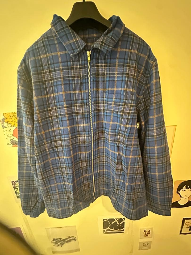 青系チェックネルシャツ 長袖ジップアップ