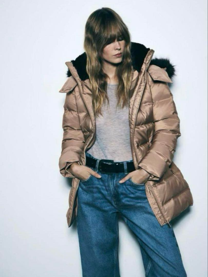 ZARA セミロング丈フード付きダウンジャケット 黒 L ザラ ZARA 完売