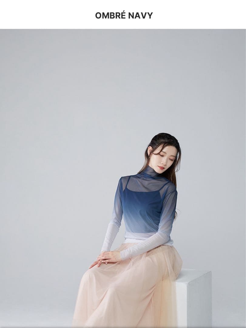 ミント様 ハイネックメッシュトップ　バイプリエ　オンブレ　ネイビー tシャツ 上品な透け感がかわいい。シアー メッシュ ハイネック