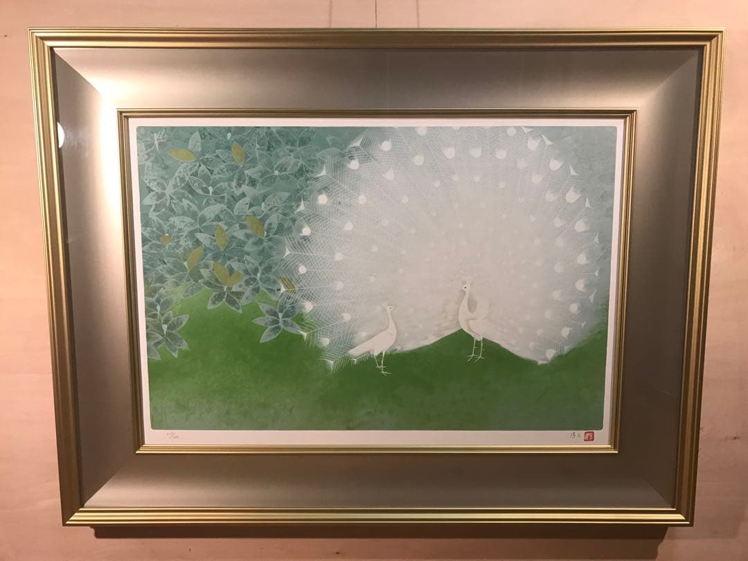 上村淳之「白孔雀」シルクスクリーン　直筆サイン・落款・エディション・作品証明書有