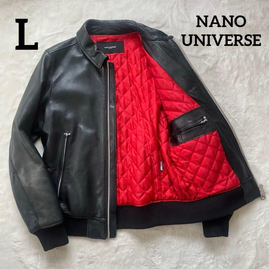 鮮烈レッド裏地✨ナノユニバース　羊革ラムレザージャケット　L キルティング　黒 美品 VANQUISH ラムレザー ダブル ライダースジャケット 羊革 ヴァン