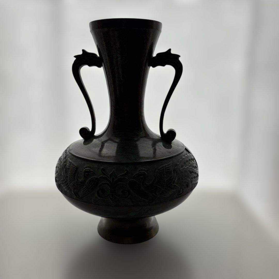 高岡銅器 青銅製花瓶 青緑色のドラゴン取っ手花瓶 木箱付き - メルカリ