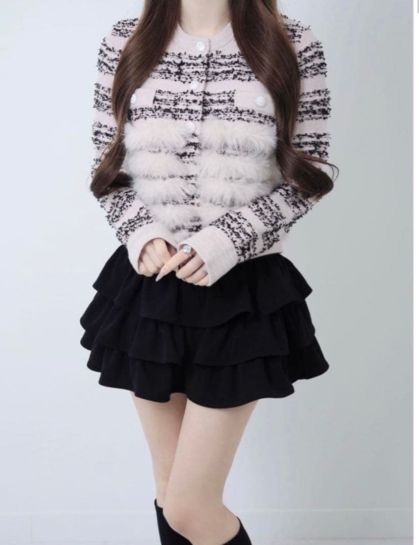 Lumignon tweed-like fur knit【ブラック×ピンク】