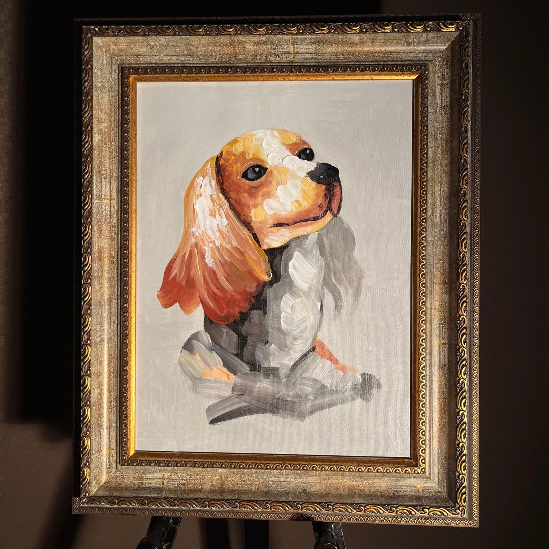 手書き油絵 キャバリア 額付き インテリア 油彩画