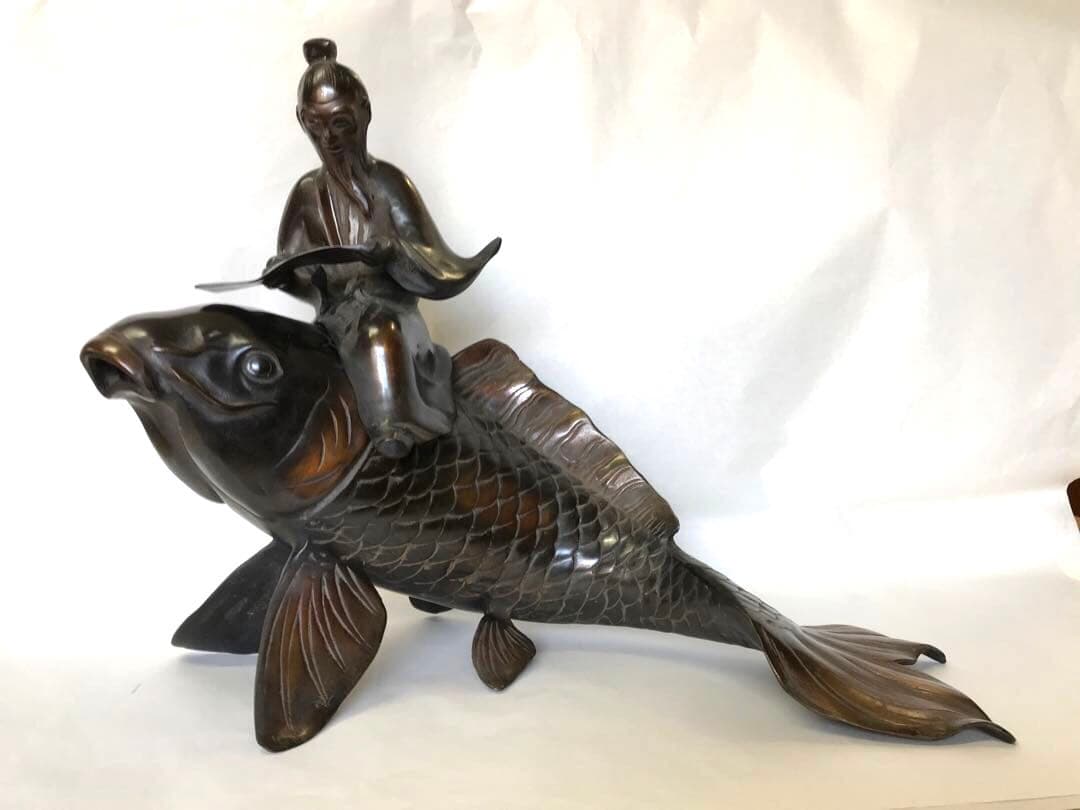 銅製:琴高仙人(鯉仙人)置物