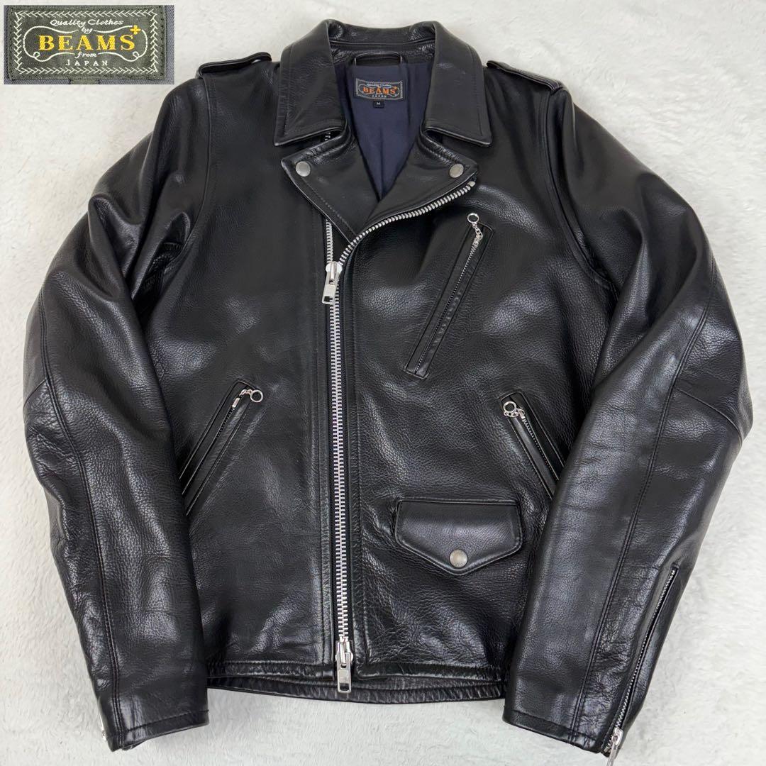 美品 BEAMS+ ライダースジャケット 牛革 ダブル レザージャケット 黒